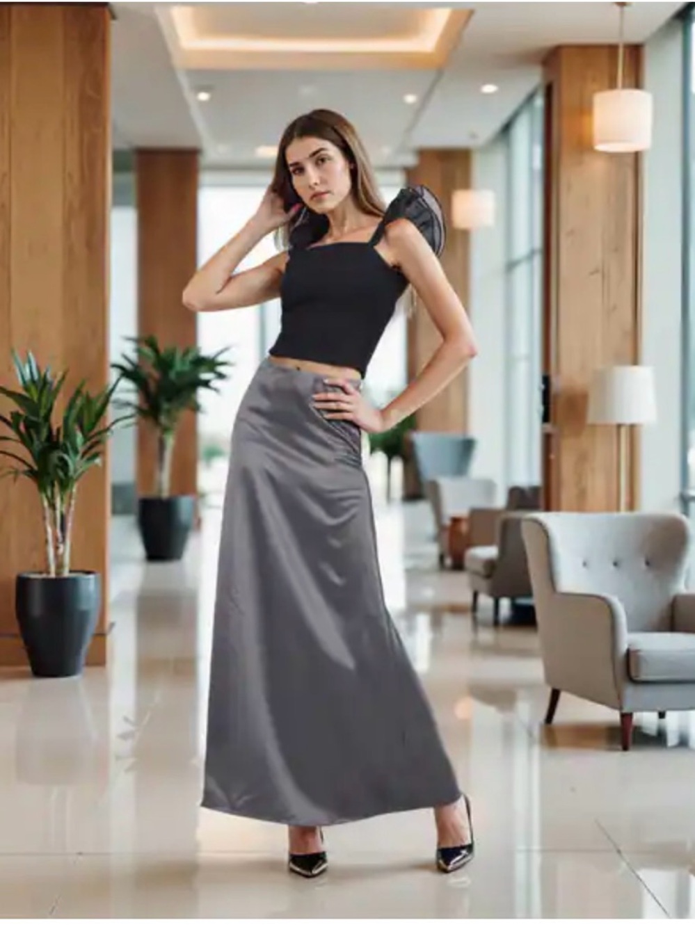 Satin Maxi Skirt in Charcoal Gray